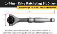 Titan 1-4" Drive Aluminum Swivel Head Micro Ratchet Bit Driver Silver