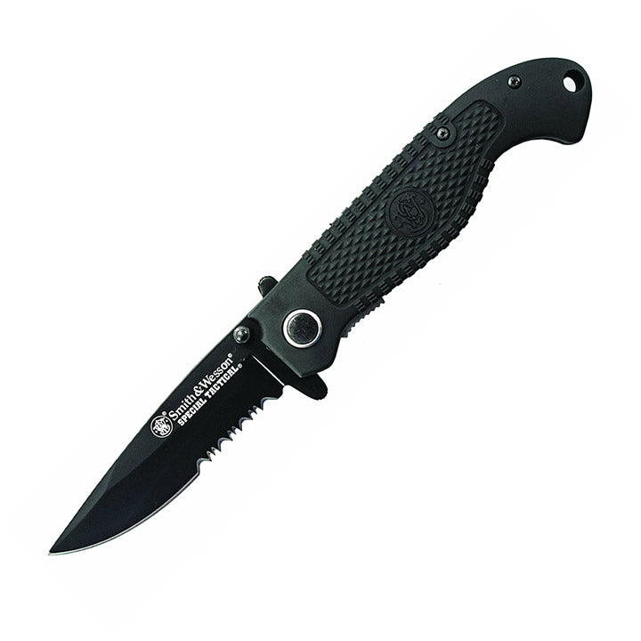 Smith & Wesson Tactical Liner Lock Fold Knife Partial Serrated Drop Pnt Blade Comp Hndl